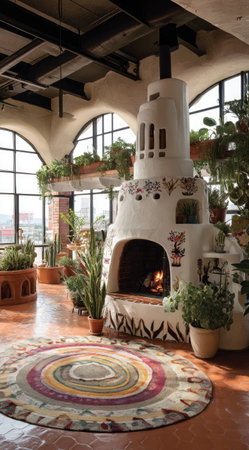 An indoor scene displays a white fireplace and various plants, with a circular rug in the foreground. Warm lighting creates a comfortable atmosphere. The design includes arch-shaped windows overlooking a city view. It could be used for interior design projects or lifestyle editorial content.の素材