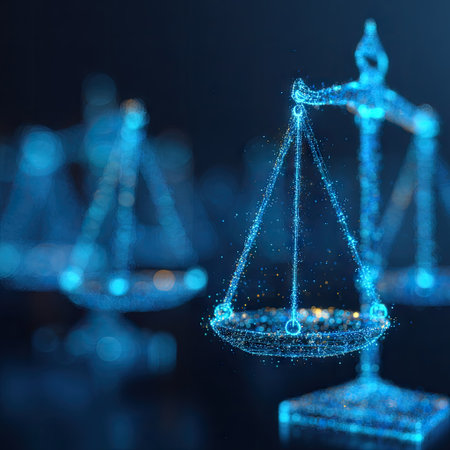 Several digital scales of justice are depicted against a dark backdrop. The scales appear illuminated, constructed from particles of light in shades of blue. This artistic rendering suggests concepts of law, order, and justice, suitable for symbolic purposes. The image could be employed in legal presentations or thematic discussions.の素材