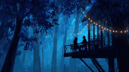 A silhouette of a couple is seen sitting on a treehouse balcony, enjoying a night together. The forest setting is illuminated by the ambient lighting, enhancing the magical atmosphere. This serene visual could be used for a variety of editorial and promotional purposes, evoking feelings of romance.の素材