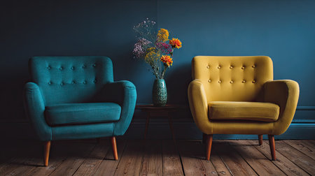 Two mid-century modern armchairs, one teal and one yellow, are positioned in front of a teal wall. A vase of flowers sits between the chairs. The scene is illuminated by a soft light, highlighting the textures of the wood and the upholstery. This image could be used for home decor, interior design, or lifestyle content.の素材