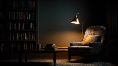 An inviting interior scene showcases an armchair illuminated by a warm lamp. A small table holds books and cups, beside a bookshelf, creating a relaxed atmosphere. The composition uses a shallow depth of field, emphasizing the soft textures and muted colors. This image could be used for articles about relaxation or home decor.の素材