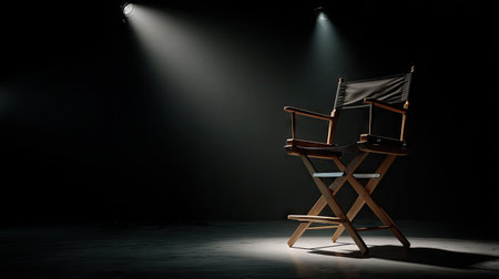 A classic wooden director's chair is centrally positioned, illuminated by focused spotlights against a dark backdrop. The image displays a minimalist composition with high contrast, emphasizing the chair's form. It suggests a theatrical setting or film production, suitable for various creative projects and editorial uses.の素材