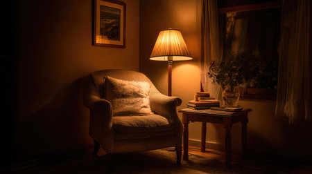 An armchair sits beside a table and lamp, creating a warm and inviting atmosphere. The scene is bathed in soft, warm light emanating from the lamp, highlighting the textures and forms. The image could be used in various commercial projects for illustrating comfort or relaxation.の素材