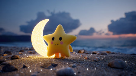 An adorable yellow star character with a smiling face stands beside a glowing crescent moon. The image features a sandy beach setting with soft lighting, the ocean, and a dusky sky. This whimsical illustration can be utilized in various creative projects for children's content, bedtime stories, or educational materials.の素材