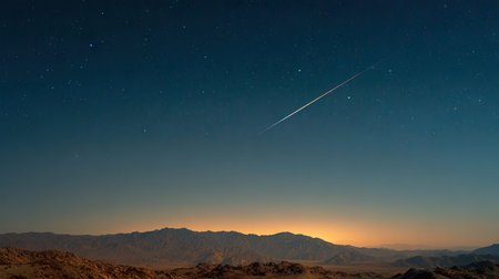 A celestial scene depicts a meteor streaking across a dark blue sky. The composition includes a dark mountain range in the foreground with a gradient from orange to blue, suggesting twilight. This visually captivating image could be suitable for a variety of commercial and editorial applications.の素材