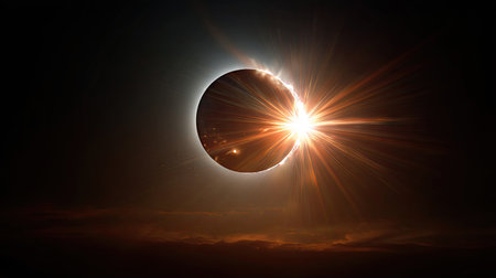 This image depicts a solar eclipse, highlighting the moon's silhouette against the sun's corona. The composition showcases a vibrant display of light and shadow, with prominent sunlight rays. This visual could be used for educational materials, scientific articles, or as a striking element for various design projects.の素材