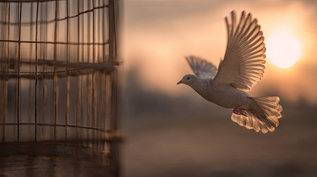 A dove takes flight near a cage, illuminated by the warm glow of a setting sun. The image captures the bird's wings spread wide, creating a sense of movement and freedom. The composition features a cage on the left, juxtaposed against the blurred background of the environment, creating a sense of contrast. Suitable for various editorial and commercial applications.の素材