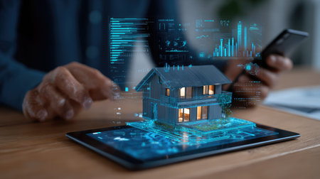 This image presents a miniature house model on a tablet, overlaid with digital data visualizations. A person holds a phone displaying similar data. The scene uses a futuristic, technological style with blue and glowing elements against a blurred background. It could be used for real estate presentations, architectural concepts, or technology articles.の素材