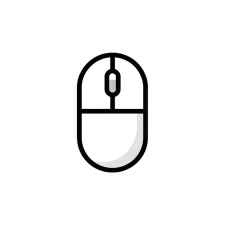 This image showcases a computer mouse icon, rendered in a minimalist line art style. The mouse is depicted in black and white, creating a clean and modern appearance. The composition is simple, with a focus on the central object against a plain white background. Suitable for various applications related to technology and design.の素材