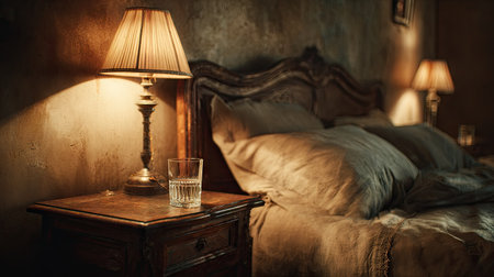 A bedroom interior showcases a bedside lamp illuminating a nightstand, beside a bed with pillows. The scene features soft textures, warm tones, and directed lighting creating a relaxed ambiance. This image is suitable for visual storytelling and can be utilized for a range of editorial or commercial purposes.の素材