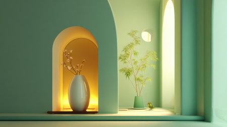 An interior scene showcases a serene minimalist design featuring arches and decorative plants. Soft, warm lighting illuminates the space. The composition utilizes gentle colors and textures, and it suggests a tranquil setting suitable for various commercial and artistic applications. This image offers visual appeal for design, lifestyle, or decorative projects.の素材