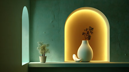An indoor scene features a minimalist design with an illuminated archway as a focal point. A white vase with a decorative plant sits inside the warm-toned arch, with a similar plant in a pot on the left. The walls are painted in shades of green, and soft lighting creates a calm atmosphere. This image could be used for design, decor, or lifestyle content.の素材
