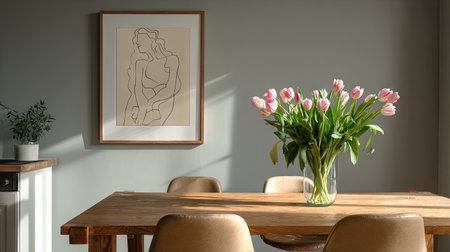 A wooden dining table is set with a bouquet of pink tulips and a framed artwork, set against a neutral gray wall. The scene features an uncluttered composition, with natural sunlight creating soft shadows. It may be suitable for interior design publications or advertising projects related to home decor.の素材