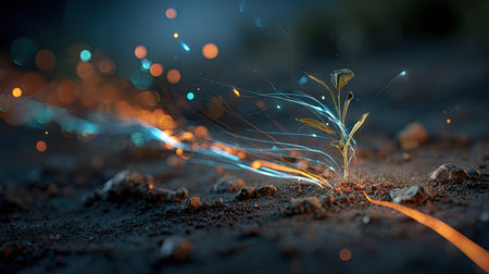 An illustration features a young plant emerging from the ground, surrounded by glowing digital lines and sparks. The image exhibits a dark, low-key style with selective focus and warm and cool color contrasts. It may be suitable for illustrating ideas related to technology, innovation, or development in various commercial projects.の素材