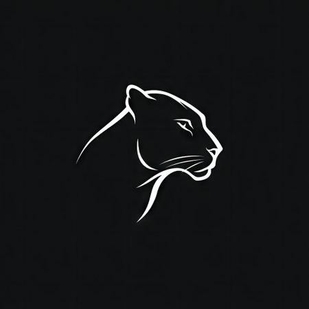 A minimalist illustration showcases a panther profile against a dark background. The image features a clean, white outline emphasizing the animal's features. The composition uses negative space effectively, creating a modern aesthetic suitable for various design applications, including branding and editorial content.の素材