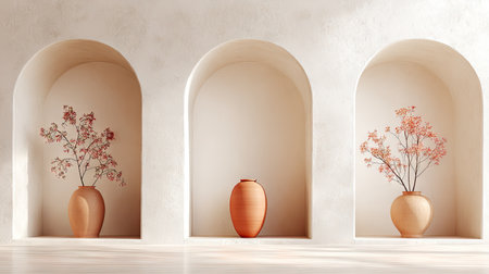 The image showcases three arched wall niches, each containing a ceramic vase with delicate floral arrangements. The composition features a warm, neutral color palette, and soft lighting enhancing the minimalist aesthetic. It is suitable for interior design concepts, home decor, or background for promotional materials.の素材