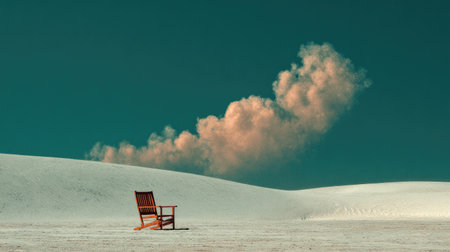 An isolated wooden chair rests on a vast, white landscape under a vibrant turquoise sky. A large cloud formation floats behind the chair. The image presents a minimalist composition with soft lighting and ample copy space, suitable for various commercial and editorial uses.の素材