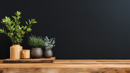 An assortment of plants in ceramic pots sit atop a wooden surface. The warm tones of the wood contrast with the dark background, creating a sense of depth. Various textures and forms are present in this composition. This image is suitable for various commercial applications, including decorative purposes.の素材