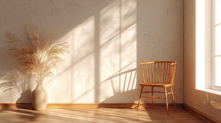 An interior scene features a wooden chair beside a window and a vase with decorative plants. The sunlight streams through the window, casting shadows across the wall and the wooden floor. This image displays a minimalistic aesthetic and could be utilized for various design and lifestyle projects.の素材