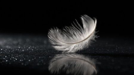 A single white feather rests on a dark, reflective surface, its delicate structure emphasized by the surrounding black background. The feather's soft texture and subtle highlights create a sense of lightness and elegance. Suitable for various commercial purposes, this image provides a clean and visually striking element.の素材