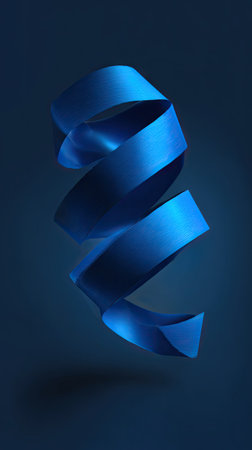 A single, swirling blue ribbon is presented against a dark gradient backdrop. The composition showcases a studio-lit presentation, highlighting the texture of the ribbon. This image could be used in a variety of design projects, including promotional materials, or creative visuals.の素材