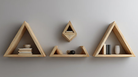 The image showcases several triangular wooden shelves mounted on a light-colored wall. Various small decorative items, like books, vases, and spherical objects, are arranged on the shelves. The style has a modern aesthetic with warm tones and soft lighting, ideal for home decor or design projects.の素材