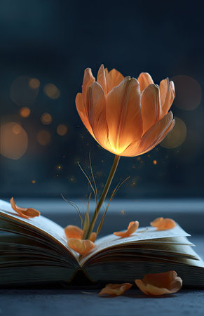 A luminous orange flower rises from the pages of an open book. The composition features soft lighting and a shallow depth of field, creating a dreamy aesthetic. Petals and bokeh elements in the background add visual interest. Suitable for use in editorial or design projects.の素材