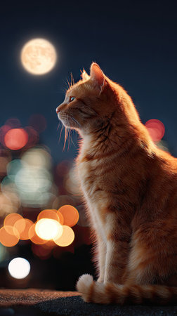A ginger cat is featured in profile, illuminated by a full moon and soft city lights. The composition highlights the cat's fur against the blurred background. This image is suitable for a variety of commercial applications, including editorial use and design projects.の素材