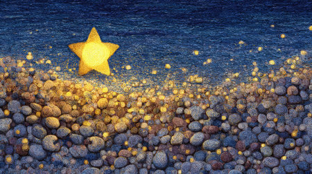 A luminous golden star shines above a pebble beach, illustrated with a night scene. The artwork features various textures, including the rough pebbles and a dark, shimmering background. Ideal for commercial purposes such as website backgrounds or editorial content, it showcases a tranquil, artistic style.の素材