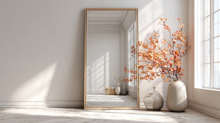 A full-length mirror reflects the interior space, flanked by a decorative vase with autumnal branches. Natural sunlight streams through a window, illuminating the scene with warm tones. The composition creates a minimalist aesthetic. Suitable for interior design, home decor, or lifestyle concepts.の素材