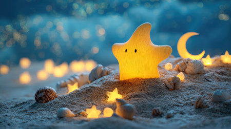 A luminous yellow star-shaped light stands prominently amidst seashells on a sandy surface. The scene is set at night with a soft blue background suggesting twilight or darkness. The composition is balanced, potentially suitable for various commercial and editorial applications.の素材