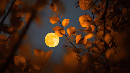 A vibrant full moon shines brightly through the silhouette of tree branches and autumn leaves. The scene features a rich palette of orange and yellow hues against a dark blue sky. The composition emphasizes depth, with focus on the glowing moon. Suitable for various editorial and commercial applications.の素材