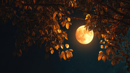 An illuminated full moon is seen through the silhouettes of tree branches and leaves. The image features warm yellow and orange hues against a dark background. The composition suggests an outdoor nighttime setting, potentially useful for themes related to nature, beauty, or artistic design.の素材