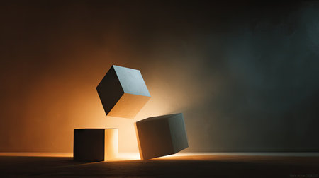 Three geometric cubes are suspended in a dim setting, illuminated by a mix of warm and cool light sources. The scene showcases simple forms and abstract shapes with contrasting light and shadow. The image's high-contrast lighting and composition may be suitable for design, conceptual, and illustrative applications.の素材
