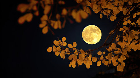 A vibrant full moon glows brightly against a dark night sky. Silhouetted tree branches and leaves with golden hues frame the celestial body, creating a dramatic contrast. The image showcases natural textures and lighting, suitable for various editorial and commercial applications.の素材