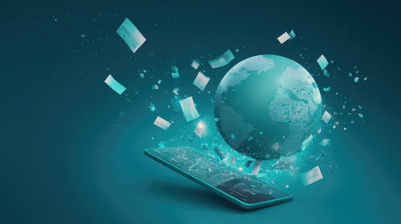 A conceptual illustration depicts a digital globe and a phone, with data elements radiating outwards. The scene features a teal color palette and soft lighting. This image could be used in various applications for technology, communication, or digital transformation themes. Ideal for promotional materials and website graphics.の素材