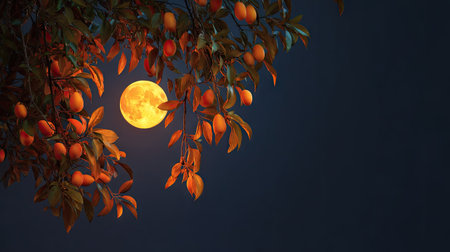 A full moon glows behind tree branches laden with orange fruit and autumnal foliage. The scene presents an interplay of warm and cool tones under a deep blue sky. The composition likely evokes a nighttime setting suitable for various illustrative and commercial applications.の素材