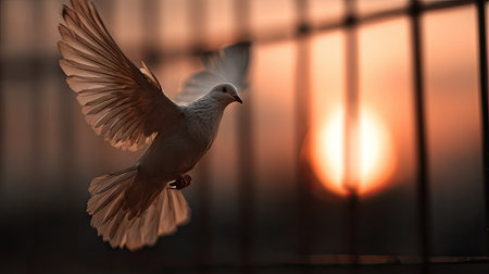 A white dove takes flight, captured in silhouette against a warm, orange sunset. Its wings are spread wide, illuminated by the light. The composition features blurred lines and soft textures creating a peaceful atmosphere. Ideal for use in designs related to freedom and tranquility, also useful for editorial.の素材