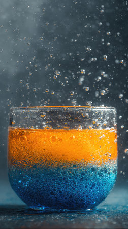 A vibrant image features a glass filled with layers of orange and blue liquids, set against a dark backdrop. Water droplets are suspended in the air, suggesting movement or an instant of a splash. This image showcases contrasting colors, textures, and the interplay of light and shadow, suitable for various creative and commercial applications.の素材