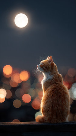 A ginger cat is seen observing the full moon, set against a backdrop of blurry city lights. The image features a soft focus with warm tones, highlighting the animal's silhouette. This serene scene captures a moment of quiet contemplation, suitable for various editorial and illustrative projects.の素材