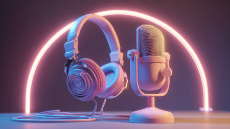 The image features a pair of headphones and a microphone. The objects are in front of a dark background with a neon ring. The composition suggests a studio setup. These elements could be used in various projects related to audio, podcasting, and creative media production.の素材