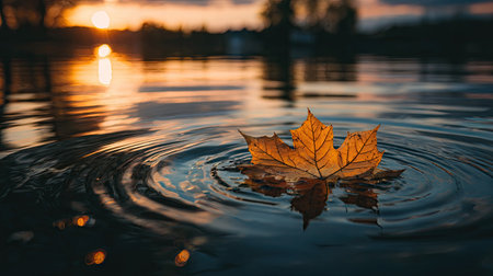 A single, vibrant golden leaf rests on a water surface, creating concentric ripples. The scene is illuminated by warm, diffused sunlight, reflecting the colors of a setting sun. The composition evokes a sense of calm, serenity, and natural beauty, suitable for various editorial and commercial applications.の素材
