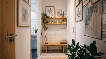 A hallway is depicted featuring a wooden bench, framed art, and vibrant greenery. The scene showcases a bright, clean interior with natural light illuminating the space. The composition suggests a modern, minimalist design. Suitable for use in advertising, home decor, and editorial content.の素材