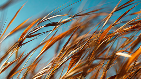 Close-up shows dry, golden grass blades set against a clear, bright blue sky. The warm, earth-toned elements contrast with the cool, smooth background. This composition evokes a sense of depth and highlights texture, suitable for natural or artistic concepts, and various editorial purposes.の素材