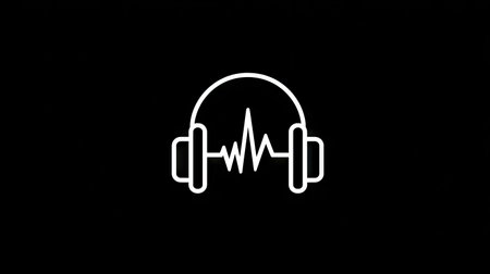 The image features a white outlined headphone icon with a sound wave graphic on a stark black backdrop. The design emphasizes minimalist aesthetics and clean lines, suggesting a modern and digital theme. It could be utilized for media projects, website design, or as a symbol within a technology-related context.の素材