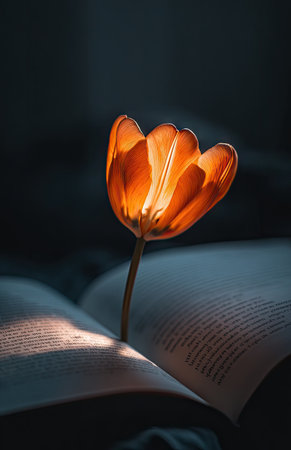 A single, vibrant orange tulip is positioned in the center of an open book, illuminated from within. The image showcases a low-key, dramatic lighting style, emphasizing the flower's form. Textural details of the pages are visible. This composition would suit various editorial and artistic uses, including promoting literature and themes of knowledge.の素材