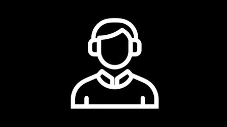 A minimalist illustration depicts a person with headphones, rendered in white lines against a stark black backdrop. The design suggests concepts of audio, technology, and support. The simple style allows versatile use for digital media. It is suitable for various commercial applications.の素材