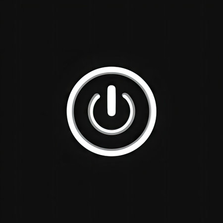A minimalist power button icon is centered against a solid black backdrop. The design features a white outline with subtle shading, creating a three-dimensional effect. The composition emphasizes simplicity and clarity, suitable for digital interfaces. This image is applicable for graphic design, website elements, and user interface projects.の素材