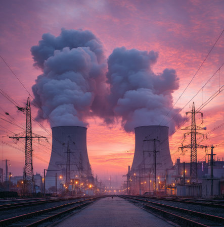Two cooling towers release steam into a vibrant, cloud-filled sky. Power lines and infrastructure elements frame the scene. The composition uses a symmetrical perspective. The image features a mix of cool and warm colors. Suitable for various energy or environment-related editorial and commercial projects.の素材