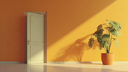 An indoor scene showcases a partially opened door set against a vibrant orange wall. A potted plant with large green leaves stands nearby, illuminated by directional sunlight. The composition emphasizes the interplay of light and shadow, suitable for various visual communication needs.の素材